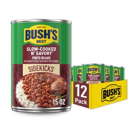 BUSH'S BEST 15oz Canned Slow-Cooked N' Savory Pinto Beans, Source of Plant Based Protein and Fiber, Low Fat, Gluten Free, (Pack of 12)
