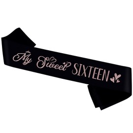 My Sweet Sixteen Sash,Black Sash with Rose Gold Foil Happy 16th Birthday Sash for GILR,Sweet 16 Birthday Satin Sash Birthday Gift