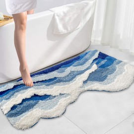 SiliPacks Blue Cute Coastal Beach Themed Bath MatsOcean Wave Tufted Bathroom Rugs, Cute Coastal Beach Themed Bath Mats, Non-Slip Washable Bath Rugs for Bathroom Bedroom Kitchen Decor(20" x47.2")
