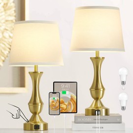 Luvkczc 22" Gold Table Lamps Set of 2 - Modern Luxury Bedside Lamps with White Fabric Shade, 3-Way Dimmable & Dual USB C+A Ports, Nightstand Lamps for Bedroom/Living Room (Bulb Included)