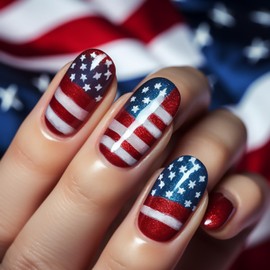 Tyuimhx 4th of July Press on Nails Short Round Red Glitter Fake Nail USA Independence Day False Nails with American Flag Designs Acrylic Patriotic Artificial Glue on Nails for Women 24 Pcs
