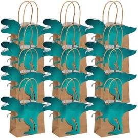 Fun Express Teal-Colored Foil Dinosaur Paper Gift Bags - 4" x 2.5" x 5.5", 12 Pieces - Festive Dinosaur Design Paper Bags for Kids' Parties & Gifts