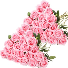 Hotop 40 Pcs Rose Artificial Flowers Bulk with Long Stem, Realistic Silk Roses, Realistic Fake Bouquet Roses for Home Wedding Bridal Shower Party Table Centerpieces Decoration (Pink)