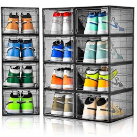 Amllas 12 Pack Shoe Boxes Stackable,Upgraded Sturdy Shoe Storage Boxes with Clear Magnetic Door,Multifunctional Sneaker Storage, Shoe Box Organizer Fit up to US Size 12 Gray(13.8”x 9.84”x 7.1”)