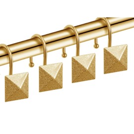 EleCharm Gorgeous Gold Shower Curtain Hooks Rings, Set of 12 Brass Decorative Shower Hanger Rings Metal Rustproof for Bathroom Curtain Rods (Square Pyramid)