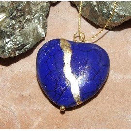 Extra Large Lapis-Blue Howlite Broken Heart Mended with 23kGold, Kintsugi Cord Necklace