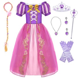 XFOZDM Rapunzel Dress Up for Girls Rapunzel Costume with Fairy Wand and Crown Tiara Wig Princess Dresses Girls Fancy Dress for Party Cosplay Birthday Carnival Purple 01 100