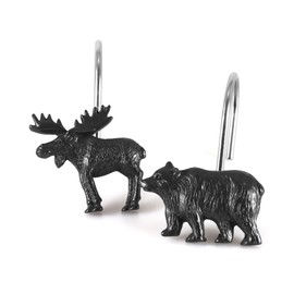 Bear & Deer Shower Curtain Hooks - Black Rustic Cabin & Christmas Reindeer Decorative Hooks Rustproof Stainless Steel Rings - Farmhouse Lodge Western & Woodland-Themed Bathroom Home Décor