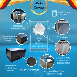 VIP-LASER 3D XL Glass Crystal Cuboid - Rose with Two Names and Date in Portrait Format - For People You Love!