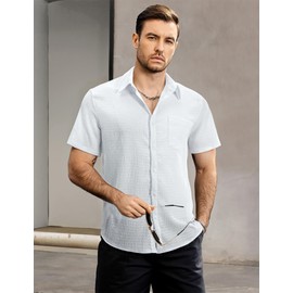 VATPAVE Mens Summer Striped Shirts Button Down Short Sleeve Vintage Beach Hawaiian Shirts with Pocket Large Pure White Fashion