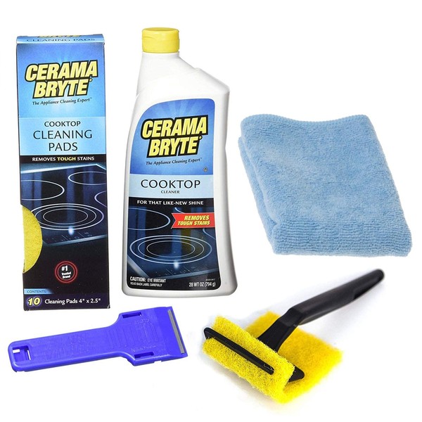 Cerama Bryte Complete Cooktop Cleaning Kit, 10 Cleaner Pads, 1 POW-R Grip Tool, 1 Scraper, and 1 Microfiber Cloth, 28 Fl Oz
