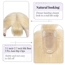 TESS Real Hair Topper Blonde 7 x 13 cm Base Toupee Women's #613 Light Blonde with Fringe Hair Topper Real Hair 44 g 35 cm Hair Topper Clip-In Hairpiece Extensions