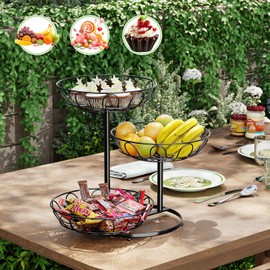 Simple Trending 3 Tier Fruit Basket Metal Wire with Banana Hooks, Countertop Fruit Vegetable Basket Kitchen Organizer for Bread Snack Veggies Produce, Black