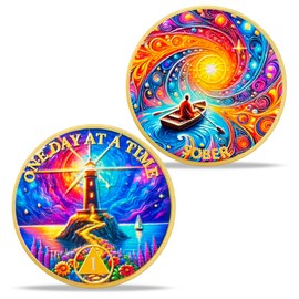 1 Year Anniversary Sobriety Coin Gifts | Lighthouse Dreamy Boat AA Coin - AA Chip Medallion with Serenity Prayer | Narcotics Alcoholics Anonymous Coins for Men Women Recovery Gifts