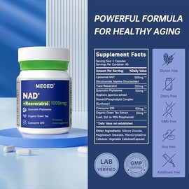 NAD+ Suplemento de resveratrol de 1000 mg liposomal extra fuerte con resveratrol, CoQ10, quercetina y té verde orgánico para mujeres y hombres, suplem