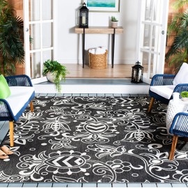 SAFAVIEH Beach House Collection 5'3" x 7'6" Black / Light Grey BHS246Z Floral Indoor/ Outdoor Non-Shedding Easy Cleaning Patio Backyard Porch Deck Mudroom Area Rug