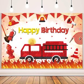 MEHOFOND 7x5ft Firetruck Birthday Backdrop Fireman Rescue Theme Happy Birthday Background Banner for Boys Girls Red Firetruck Firefighter Baby Shower Birthday Party Photo Booth Studio Props Supplies