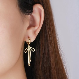 Stocking Stuffers for Women Bow Earrings for Women Gold Pearl Bowknot Earrings Sparkly Rhinestone Bow Long Tassel Earrings Cute Bow Jewelry Christmas Gifts for Women