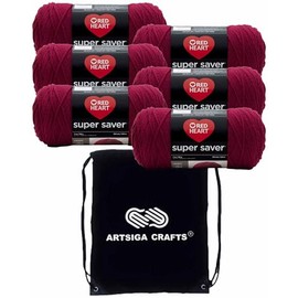 Red Heart Super Saver Burgundy E300B-376 (6-Skeins - Same Dye Lot) Worsted Medium #4 Acrylic Yarn for Crocheting and Knitting with Project Bag