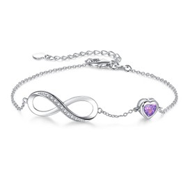 IDASANY February Birthstone Gifts for Her, Silver Birth Stone Charm Bracelet Infinity with Cubic Zirconia, Adjustable Love Heart Chain Jewelry Gifts for Anniversary Christmas, 7"+2"