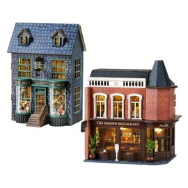 WYD Miniature Dollhouse Furniture kit, European Style Architectural Model, 3D Wooden Mini Doll Craft Ornaments with LED Lights, Youth Creative Handicrafts (Magic Shop+Corner Western Restaurant)