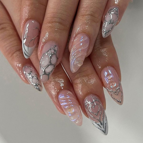 Almond French Tip Press on Nails Medium Nude Pink Fake