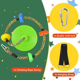 Tree Swing Rainbow Climbing Rope, Heavy Duty Swing Disc Seat Replacement for Kids with Hanging Strap and Platform Carabiners Indoor/Outdoor Playground Accessories (Leaf Green)