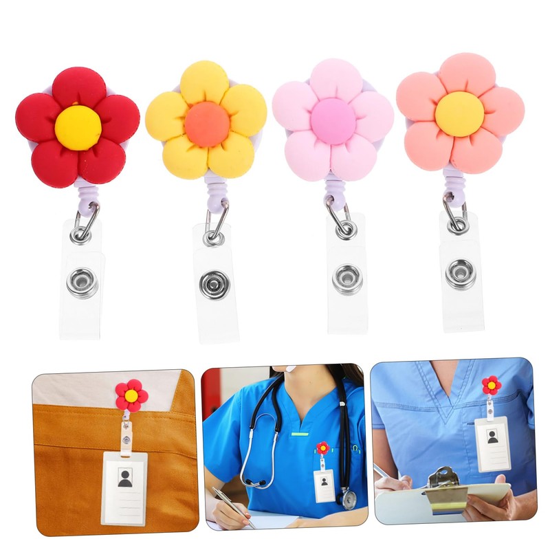 DOITOOL 4pcs Retractable Badge Holders with Flower Design Portable Id