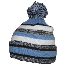 Best Winter Hats Quality Striped Variegated Cuffed Beanie W/Large Pom (L/XL) - Black/Light Blue