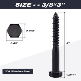10-Sets 3/8 x 3 Hex Lag Screws and 3/8" ID Flat Washers, 304 Stainless Steel 18/8, Black Coated, Heavy Duty Wood Screws for Deck/Fence/Floor, by AOESIN