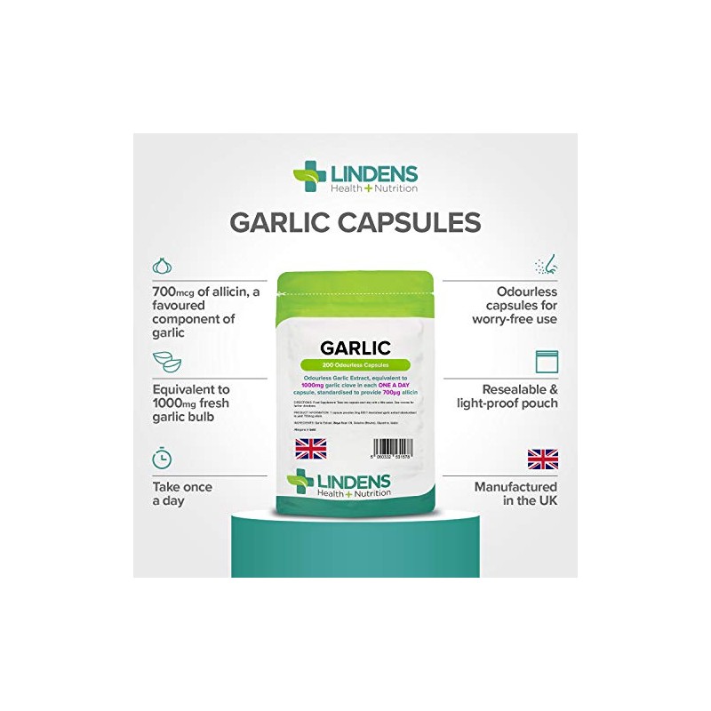 Lindens Garlic Odourless Capsules - 1000mg (700mcg Allicin) - 200