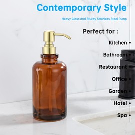 Rzoeox Amber Soap Dispenser Glass Bottle with Brushed Gold Pump, 17 OZ Liquid Soap Dispenser Cylindrical with Stainless Steel Pump for Dish Hand Soap Bathroom Kitchen Vanity Countertop