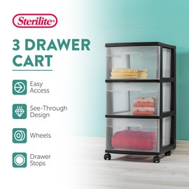 Sterilite 6 Pack Plastic Storage Organizer, 3 Drawer Rolling Bin Cart, Closet Organization, Black