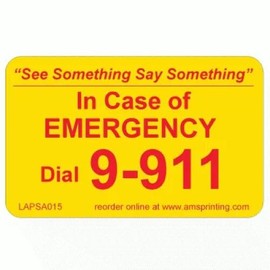 250 Emergency 9-911 Phone Labels. Laminated Stickers on Yellow Gloss with Red Ink. Permanent Adhesive. Size: 2" (W) x 1 1/4" (H).