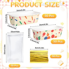 Honeydak 100 Sets Festival Paper Baking Pans Bulk Loaf Pans for Baking 6.3 x 2.2 x 2.2 in Disposable Mini Loaf Trays Liners with Clear Plastic Packaging Bags and Ties Rectangle Food Trays (Confetti)