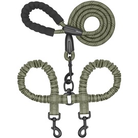 iYoShop Dual Dog Leash - 360° Swivel, No Tangle Walking Leash with Shock Absorbing Bungee for Two Dogs (Medium, 8-35 lbs, Military Green)