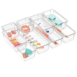 WOWBOX 9 Pack Clear Drawer Organizer Set, Acrylic Drawer Storage Trays, Storage Bins for Makeup, Cosmetics, Jewelries, Utensils, Gadgets, Office
