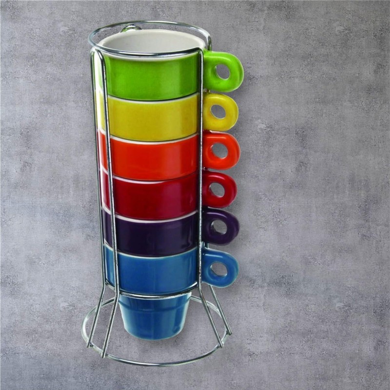 Quailitas Stackable Set of 6 Colourful Ceramic Espresso Mugs
