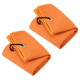 PATIKIL 16"x16" Tri-Fold Golf Towels, 2 Pack Waffle Pattern Towels Soft Fiber Strong Water Absorption with D Clip for Golf Lovers, Orange