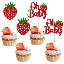 Paquete de 24 adornos para magdalenas Sweet Oh Baby con purpurina, diseño de fresa, magdalenas, decoraciones para cupcakes, para verano, fresa, baby shower, niños, suministros para fiestas de cumpleaños, color rojo