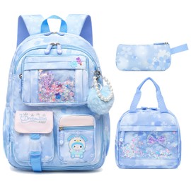 Alrisg Lovely Girls Backpack School Bag for Students Kids Book Bag with Multiple Pockets Splash-proof Children's Backpack（17inch Set Blue）