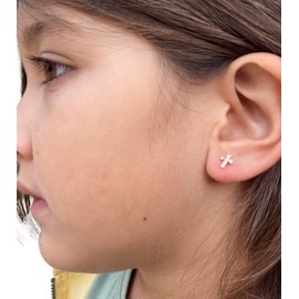 14k Cross Earrings | White CZ Cross Screw Back Studs Sold as Pair | Clean Look Cubic Zirconia Earrings