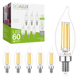 Sigalux Dimmable E12 LED Chandelier Light Bulbs 60 Watt Equivalent,5000K Daylight,450 Lumens,CA10 Vintage Candelabra Light Bulb,LED Filament Clear Glass Candle Light Bulbs,6 Packs