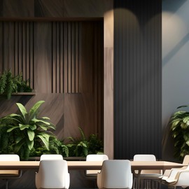 OUZUGIE WPC Acoustic Slat Wall Paneling, 8-Pack 114 x 6 Inches 3D Wall Panels for Interior Wall Decor,Living Room,TV Background,Study Room,Office Spaces,Bedroom,Low Grille (Black)