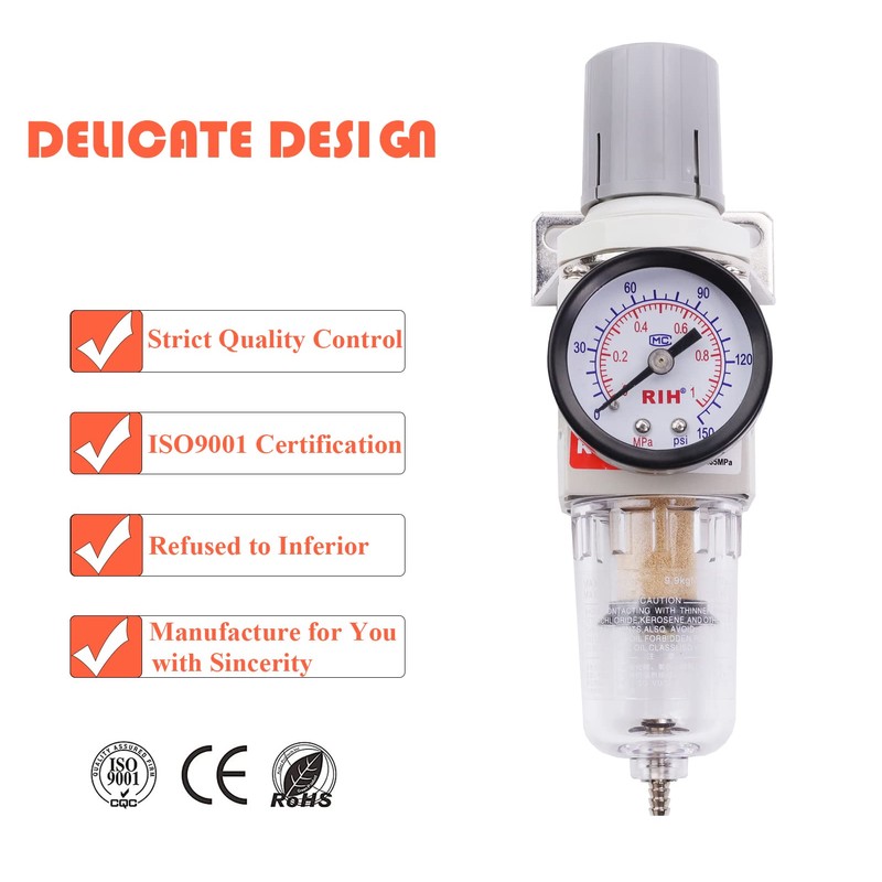 RIH 1/4" NPT Compressed Air Filter Regulator Combo Piggyback, 5