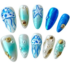 Ocean Theme Press On Nails, Medium Almond Shape, 3D Jellyfish Design with Pearls and Seashells, Summer Vacation False Nails (Blue Ocean, S)
