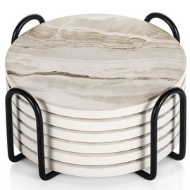 Drink Coasters Set of 6 - Marble Style Ceramic Round Coaster, Coasters with Holder and Cork Base, Ceramic coaster suitable for all kinds of cups, gift, for Women Men Home Decor, 4 ''