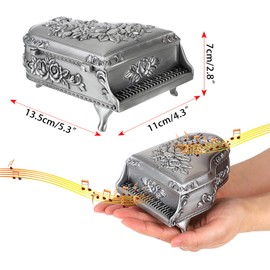 ELLDOO Vintage Piano Music Box, Silver Metal Wind Up Musical Jewelry Box Keepsake Box, Small Trinket Jewelry Storage Box Gift for Girl Women (Tune: You are My Sunshine)