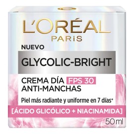 L'Oréal Paris Glycolic Bright Crema Hidratante de Día Anti Manchas con Protección Solar FPS30, con Ácido Glicólico y Niacinamida, Reduce y Previene Todo Tipo de Manchas, 50 ml