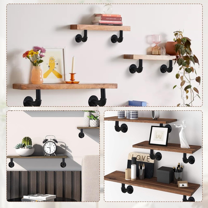 HRXMS 6 Pack Industrial Pipe Shelf Brackets, Black Iron for